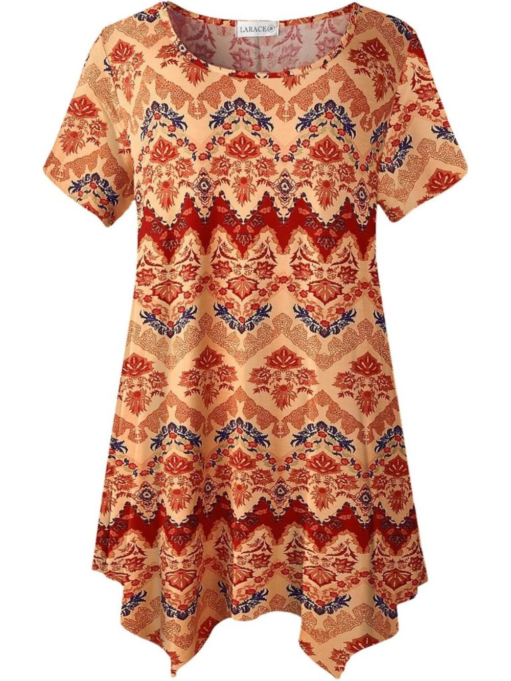 〽️ Women Orange Short Sleeve Asymmetrical Tunic Casual Summer Blouse Top